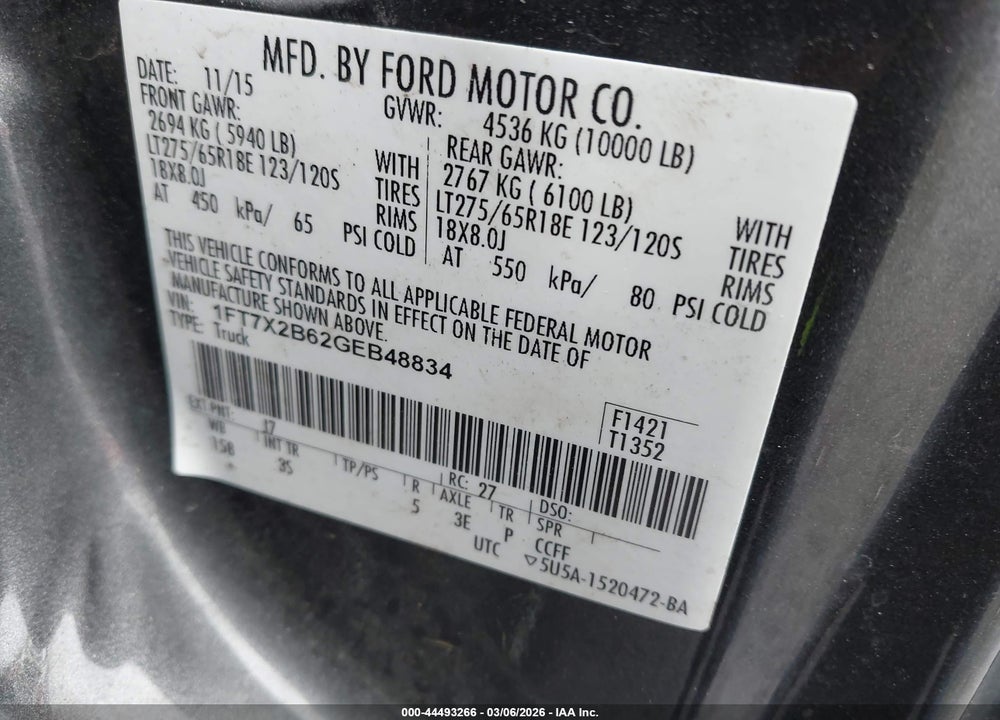 2016 FORD F-250 XLT VIN: 1FT7X2B62GEB48834