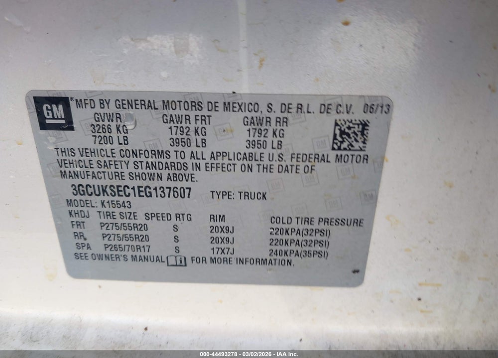 2014 CHEVROLET SILVERADO 1500 2LZ VIN: 3GCUKSEC1EG137607