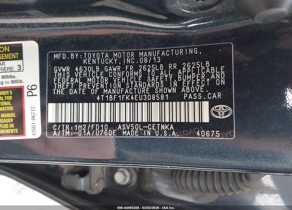 2014 TOYOTA CAMRY LE VIN: 4T1BF1FK4EU308581