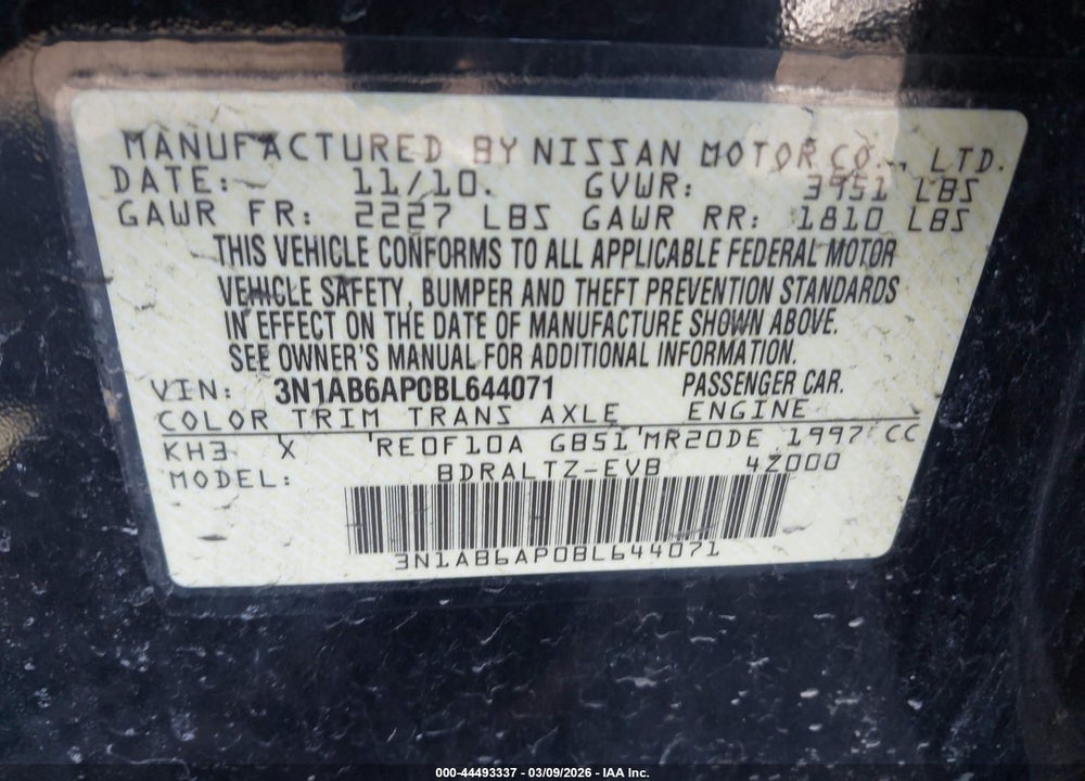 2011 NISSAN SENTRA 2.0SR VIN: 3N1AB6AP0BL644071