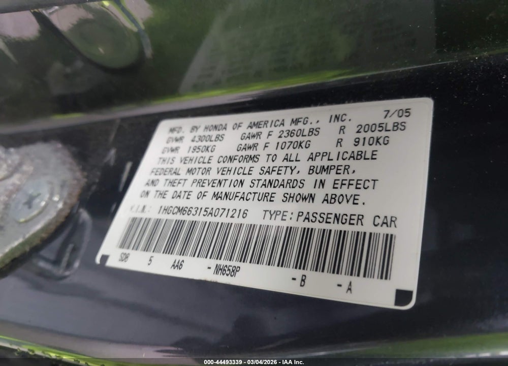 2005 HONDA ACCORD 3.0 LX VIN: 1HGCM66315A071216