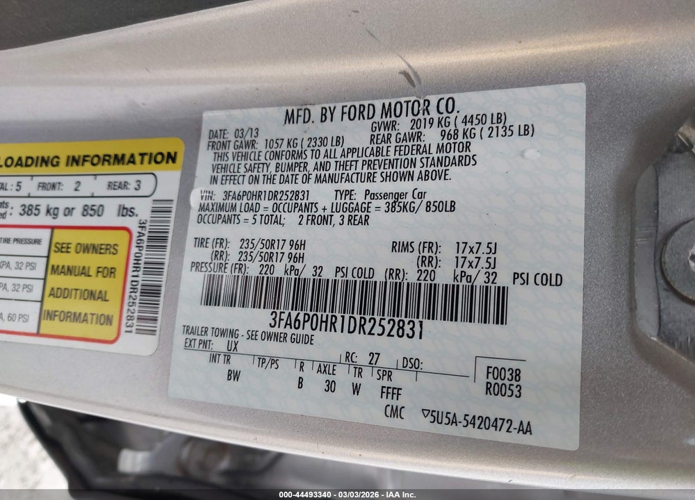 2013 FORD FUSION SE VIN: 3FA6P0HR1DR252831