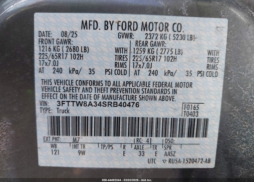 2025 FORD MAVERICK XL VIN: 3FTTW8A34SRB40476