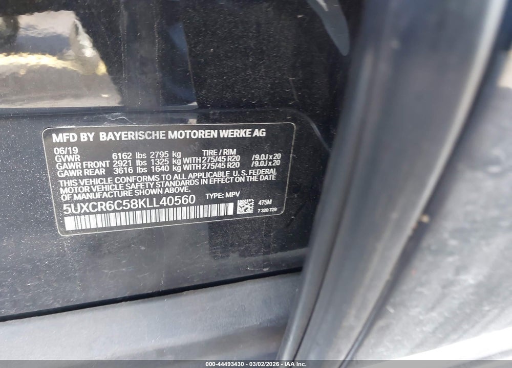 2019 BMW X5 XDRIVE40I VIN: 5UXCR6C58KLL40560