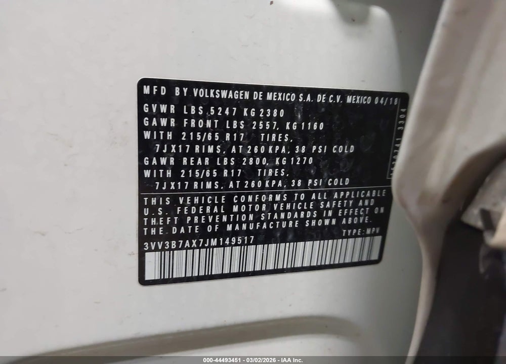 2018 VOLKSWAGEN TIGUAN 2.0T SE/2.0T SEL VIN: 3VV3B7AX7JM149517