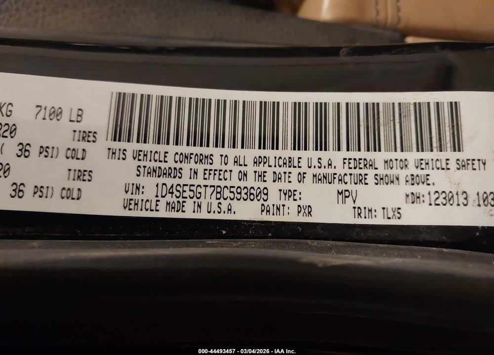 2011 DODGE DURANGO CITADEL VIN: 1D4SE5GT7BC593609