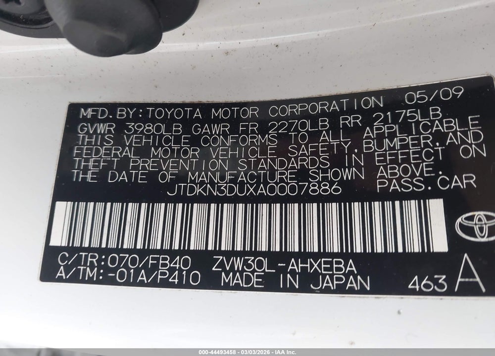 2010 TOYOTA PRIUS II VIN: JTDKN3DUXA0007886