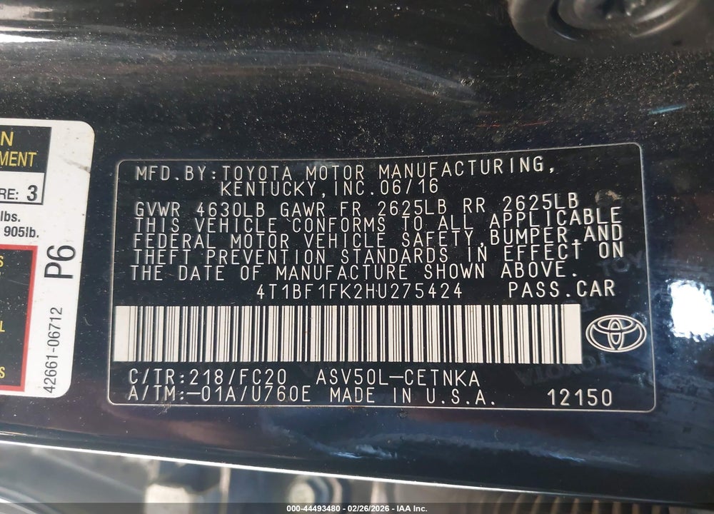 2017 TOYOTA CAMRY LE VIN: 4T1BF1FK2HU275424