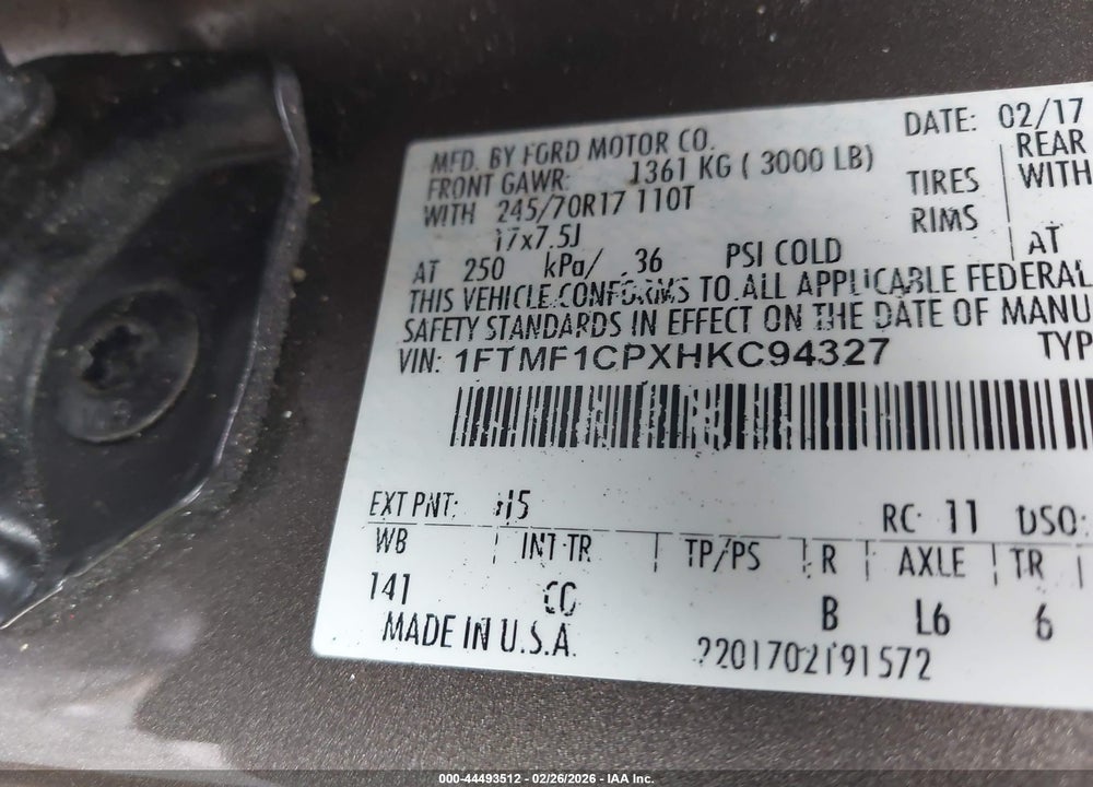 2017 FORD F-150 XL VIN: 1FTMF1CPXHKC94327