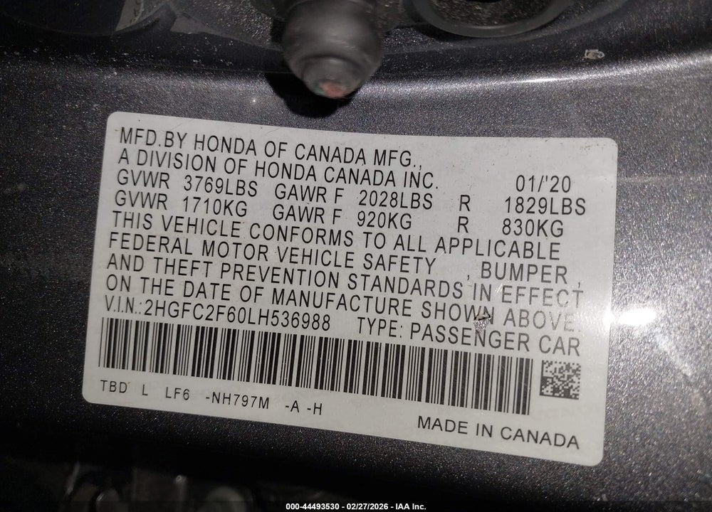 2020 HONDA CIVIC LX VIN: 2HGFC2F60LH536988