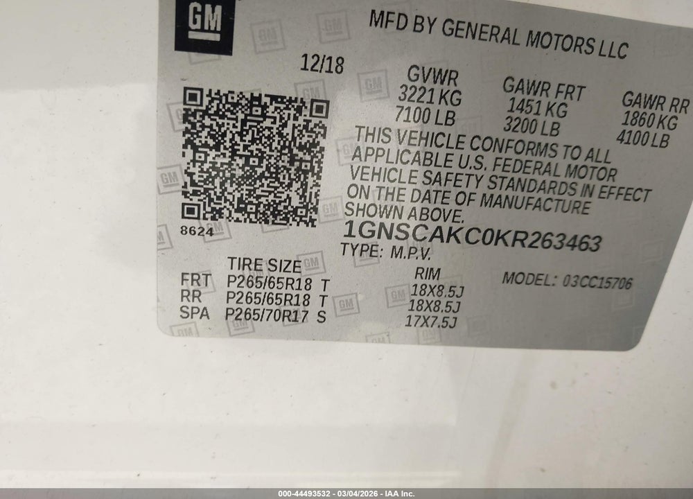 2019 CHEVROLET TAHOE LS VIN: 1GNSCAKC0KR263463