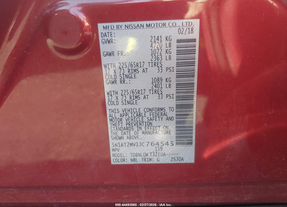 2018 NISSAN ROGUE SV VIN: 5N1AT2MV1JC764545