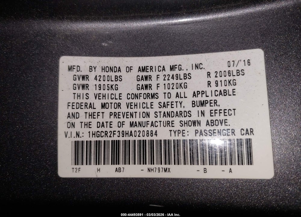 2017 HONDA ACCORD LX VIN: 1HGCR2F39HA020884
