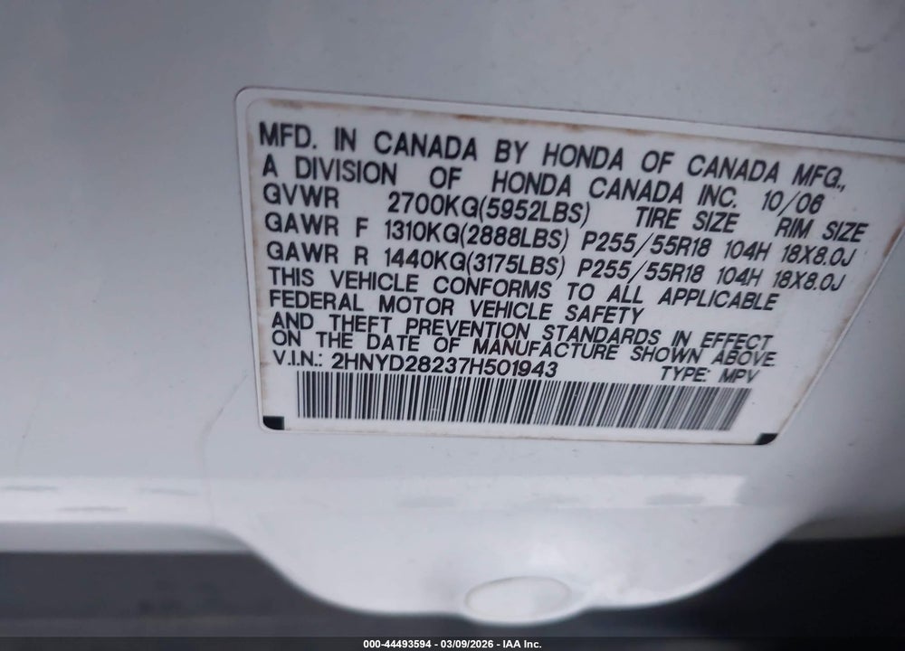 2007 ACURA MDX VIN: 2HNYD28237H501943