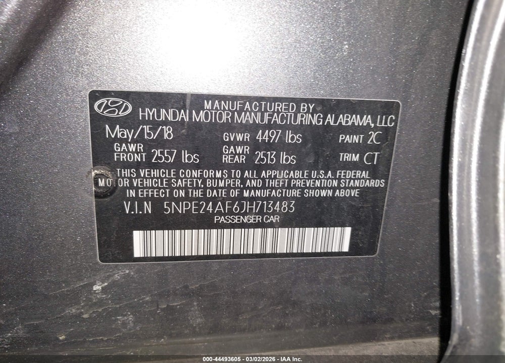 2018 HYUNDAI SONATA SE VIN: 5NPE24AF6JH713483