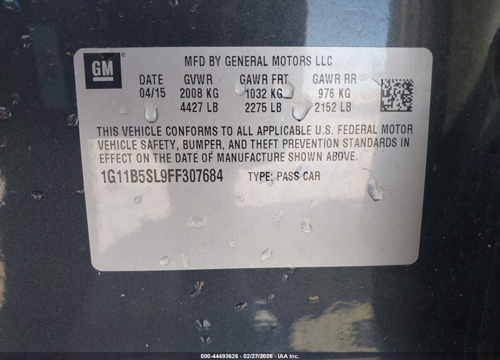2015 CHEVROLET MALIBU LS VIN: 1G11B5SL9FF307684