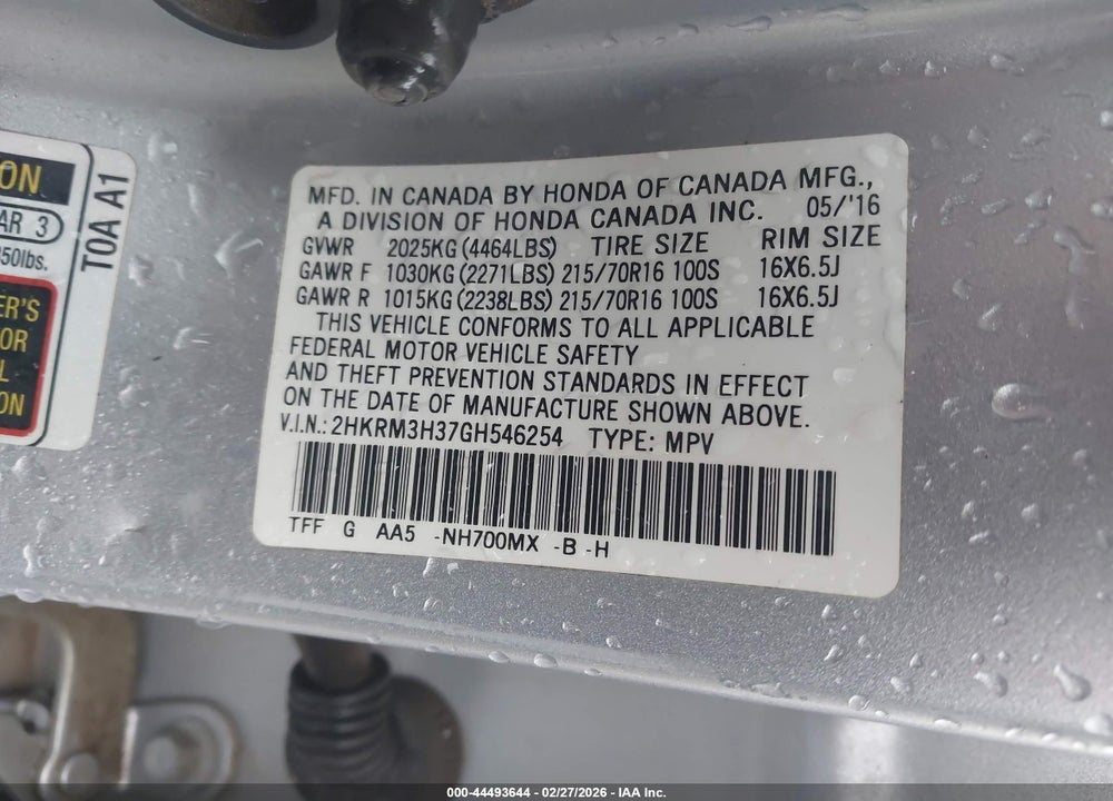 2016 HONDA CR-V LX VIN: 2HKRM3H37GH546254