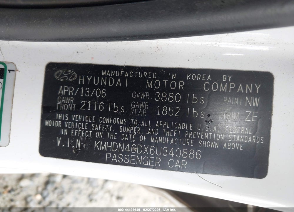 2006 HYUNDAI ELANTRA GLS/LIMITED VIN: KMHDN46DX6U340886