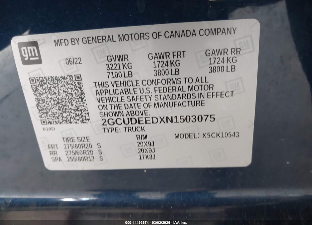 2022 CHEVROLET SILVERADO 1500 4WD  SHORT BED RST VIN: 2GCUDEEDXN1503075