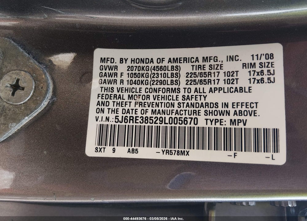 2009 HONDA CR-V EX VIN: 5J6RE38529L005670