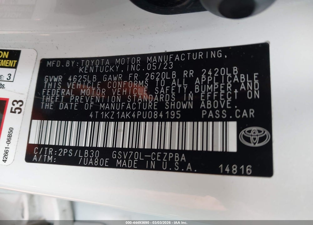 2023 TOYOTA CAMRY XSE V6 VIN: 4T1KZ1AK4PU084195