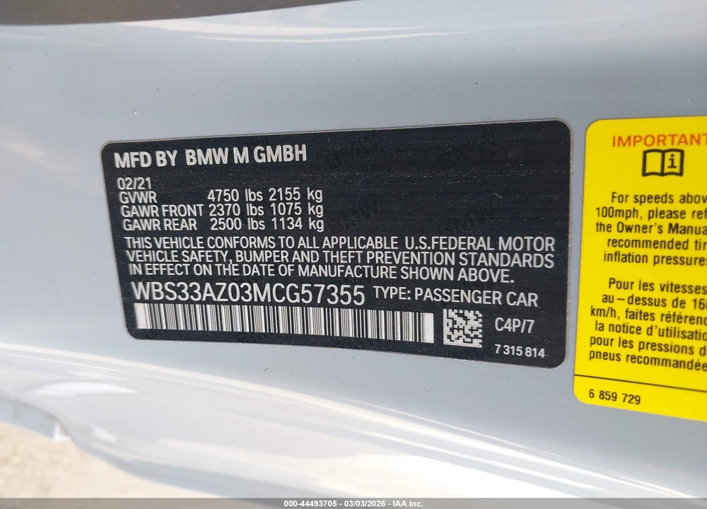 2021 BMW M4 COMPETITION VIN: WBS33AZ03MCG57355