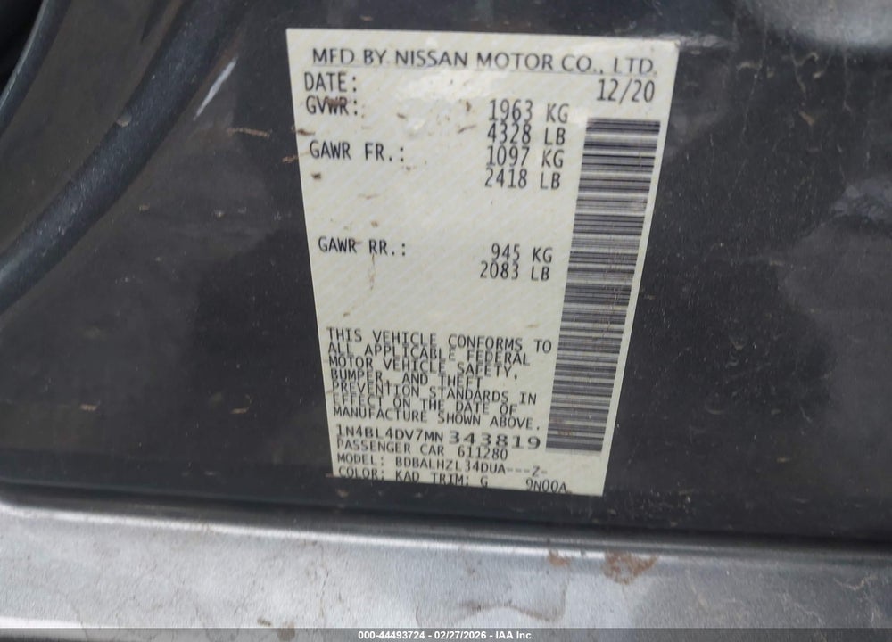 2021 NISSAN ALTIMA SV FWD VIN: 1N4BL4DV7MN343819