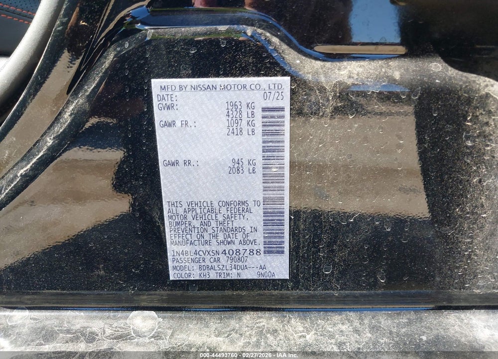 2025 NISSAN ALTIMA SR FWD VIN: 1N4BL4CVXSN408788
