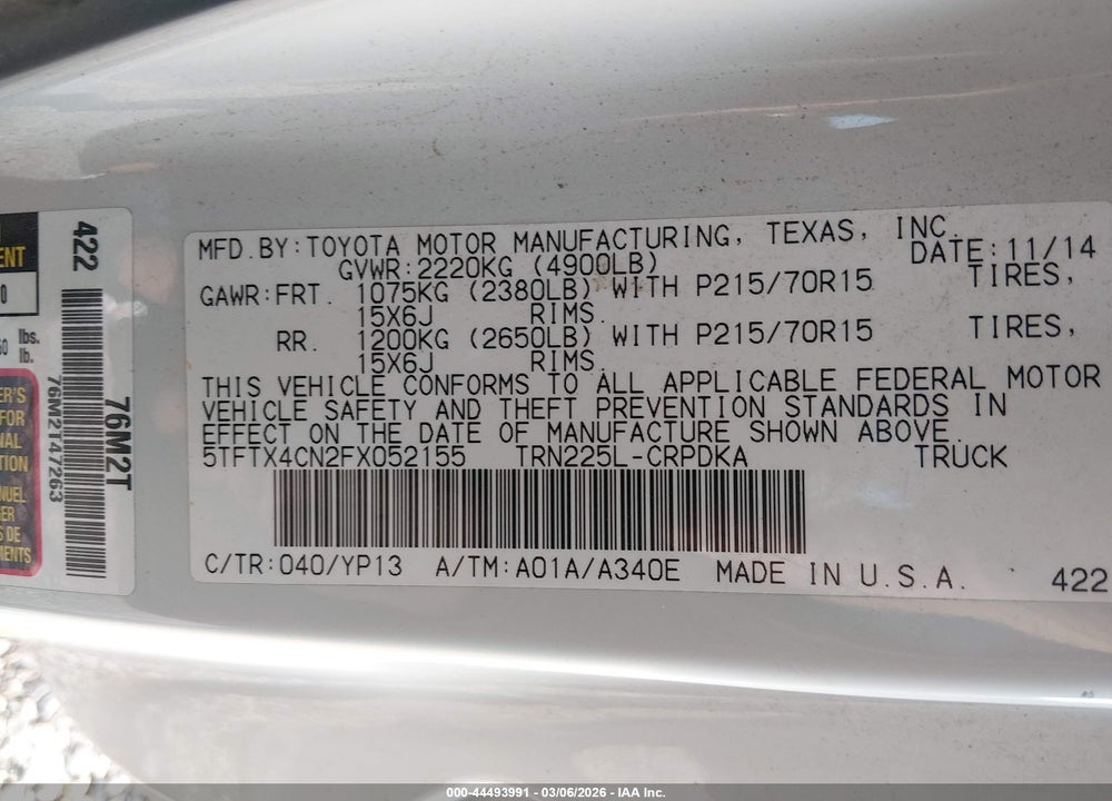 2015 TOYOTA TACOMA VIN: 5TFTX4CN2FX052155