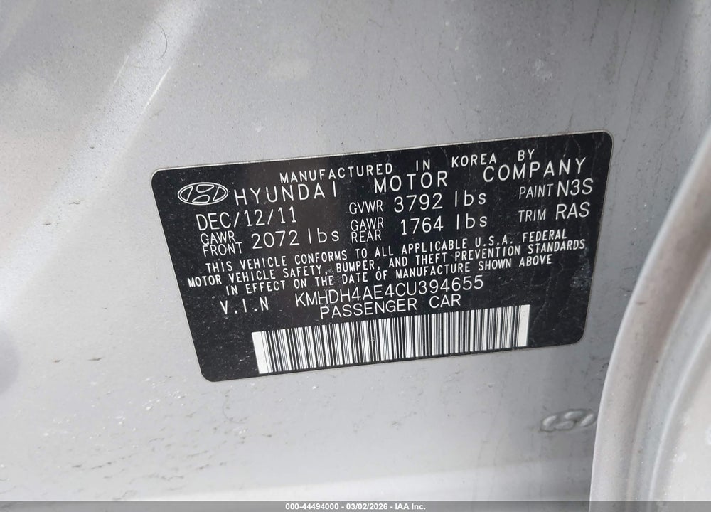 2012 HYUNDAI ELANTRA GLS (ULSAN PLANT) VIN: KMHDH4AE4CU394655