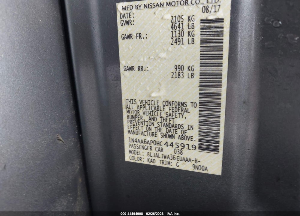 2017 NISSAN MAXIMA 3.5 SV VIN: 1N4AA6AP0HC445919