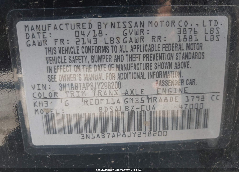 2018 NISSAN SENTRA S VIN: 3N1AB7AP8JY298200