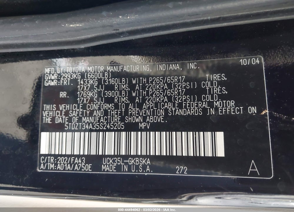 2005 TOYOTA SEQUOIA SR5 V8 VIN: 5TDZT34A35S245205