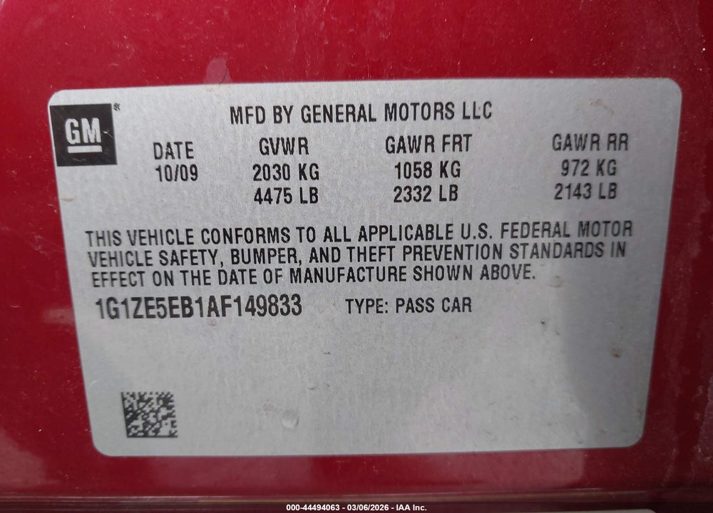 2010 CHEVROLET MALIBU LTZ VIN: 1G1ZE5EB1AF149833