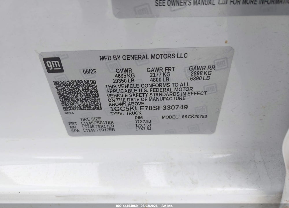 2025 CHEVROLET SILVERADO 2500HD 4WD  STANDARD BED WORK TRUCK VIN: 1GC5KLE78SF330749