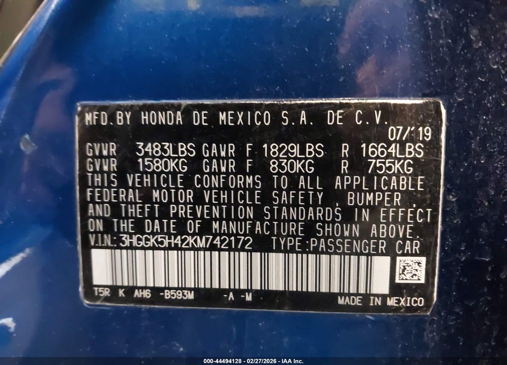 2019 HONDA FIT VIN: 3HGGK5H42KM742172