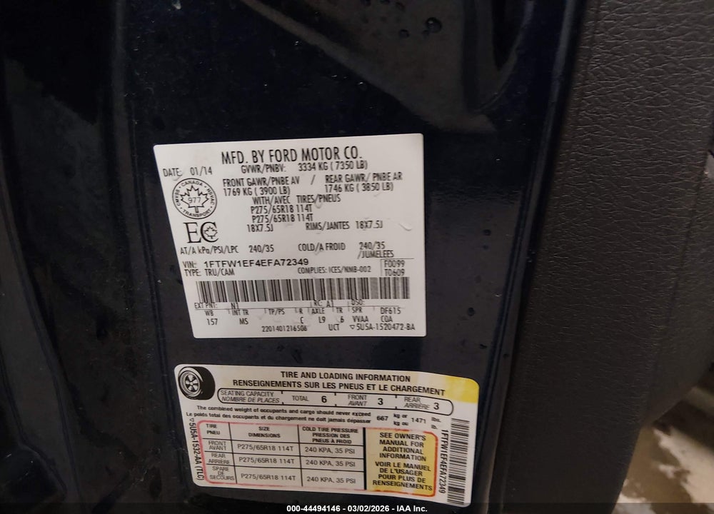 2014 FORD F-150 XLT VIN: 1FTFW1EF4EFA72349