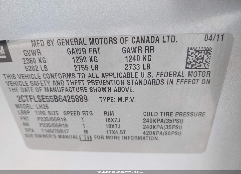 2011 GMC TERRAIN SLE-2 VIN: 2CTFLSE55B6425889