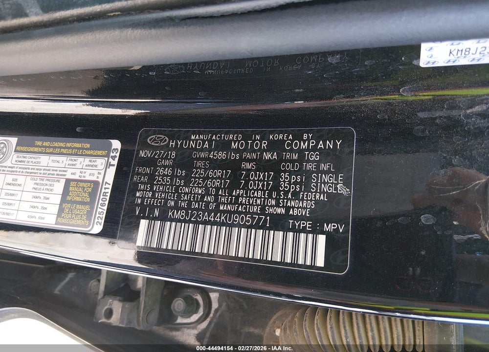 2019 HYUNDAI TUCSON SE VIN: KM8J23A44KU905771