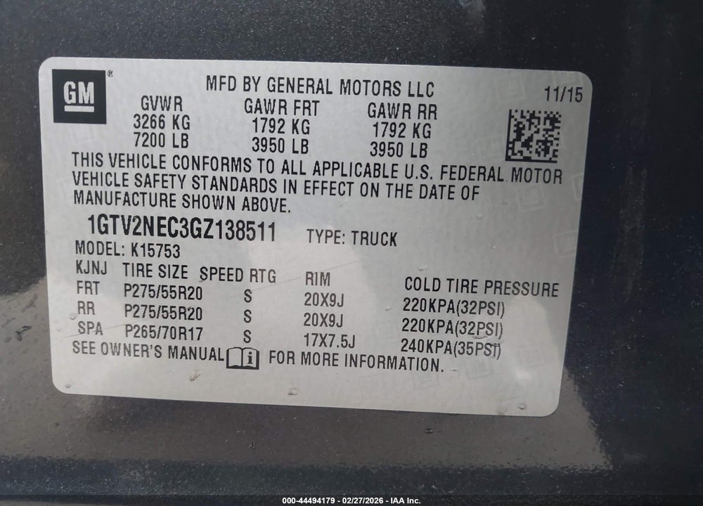 2016 GMC SIERRA 1500 SLT VIN: 1GTV2NEC3GZ138511