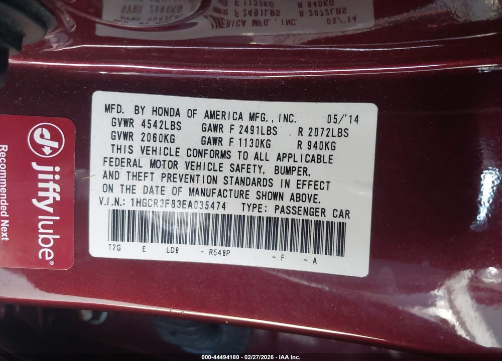 2014 HONDA ACCORD EX-L V-6 VIN: 1HGCR3F83EA035474