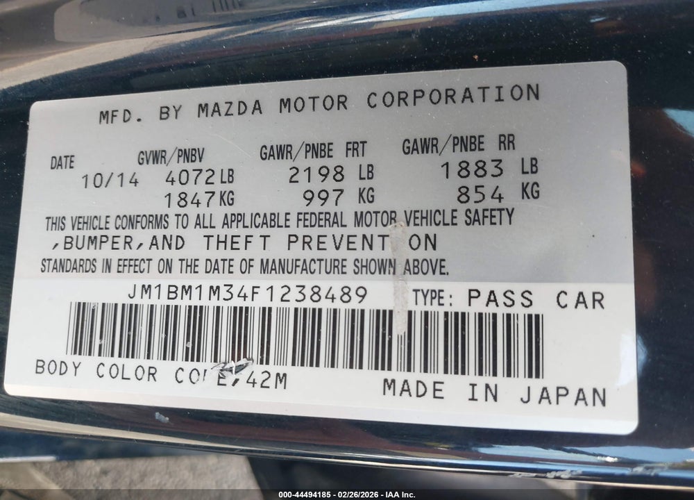 2015 MAZDA 3 S GRAND TOURING VIN: JM1BM1M34F1238489