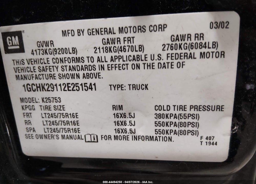 2002 CHEVROLET SILVERADO 2500HD LS VIN: 1GCHK29112E251541