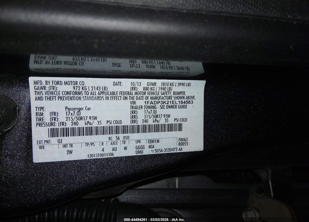 2014 FORD FOCUS SE VIN: 1FADP3K21EL184583