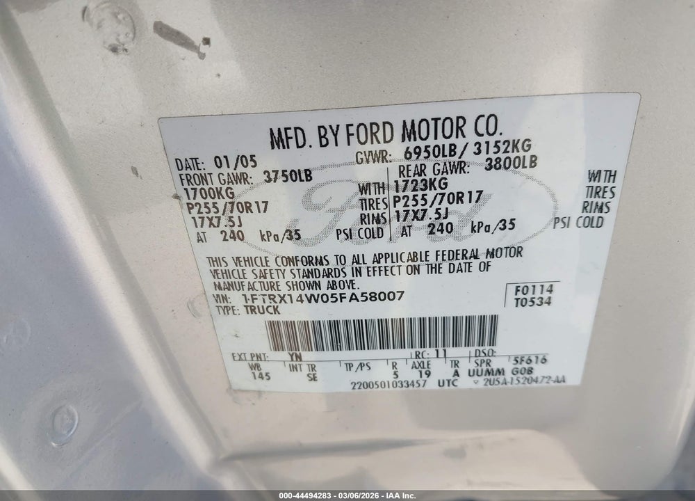 2005 FORD F-150 STX/XL/XLT VIN: 1FTRX14W05FA58007