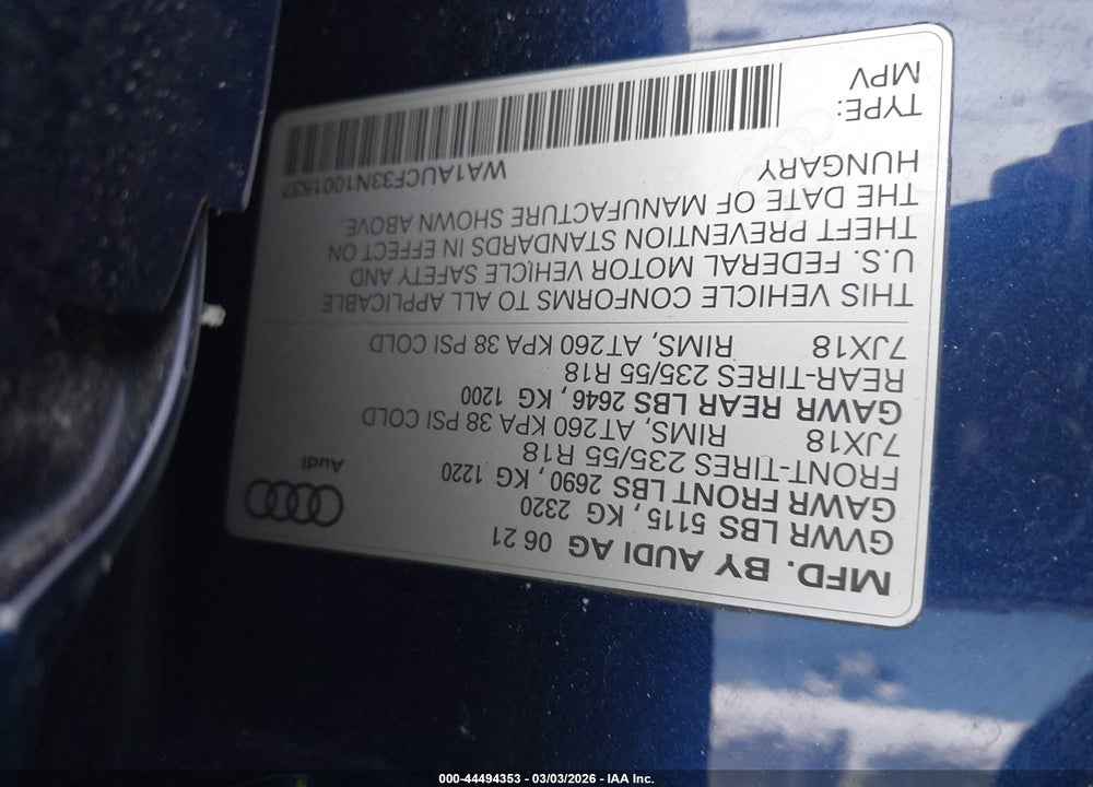 2022 AUDI Q3 PREMIUM 40 TFSI QUATTRO TIPTRONIC VIN: WA1AUCF33N1001537