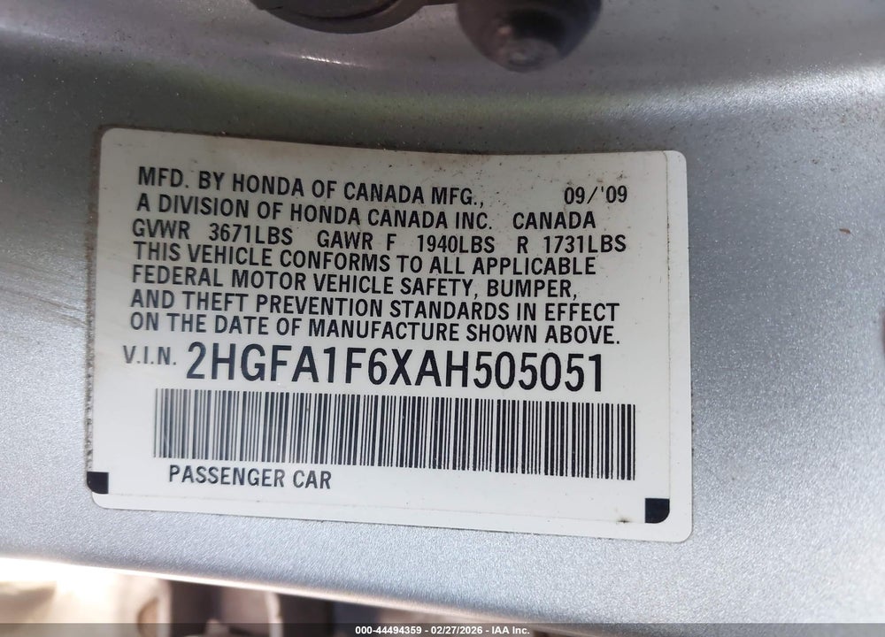 2010 HONDA CIVIC LX-S VIN: 2HGFA1F6XAH505051