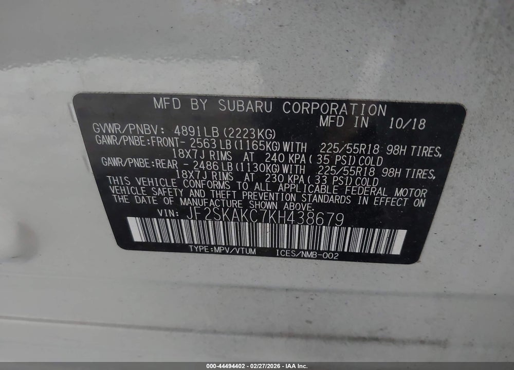 2019 SUBARU FORESTER SPORT VIN: JF2SKAKC7KH438679