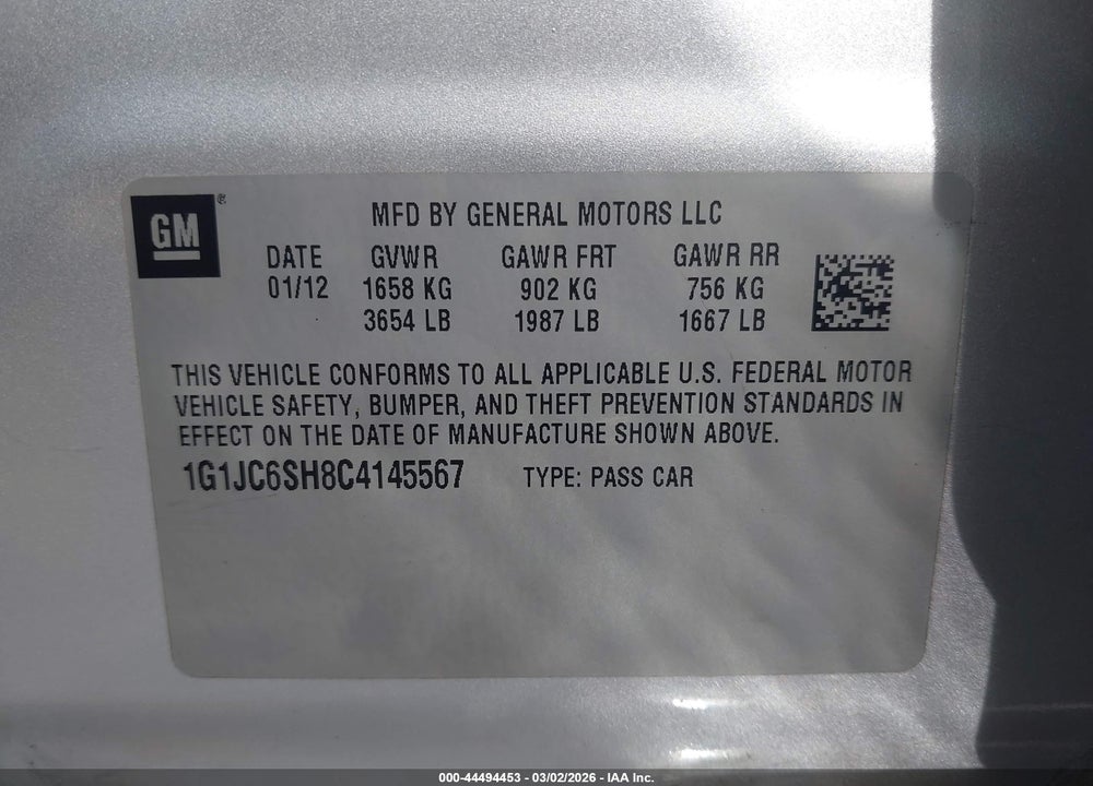2012 CHEVROLET SONIC 2LT VIN: 1G1JC6SH8C4145567
