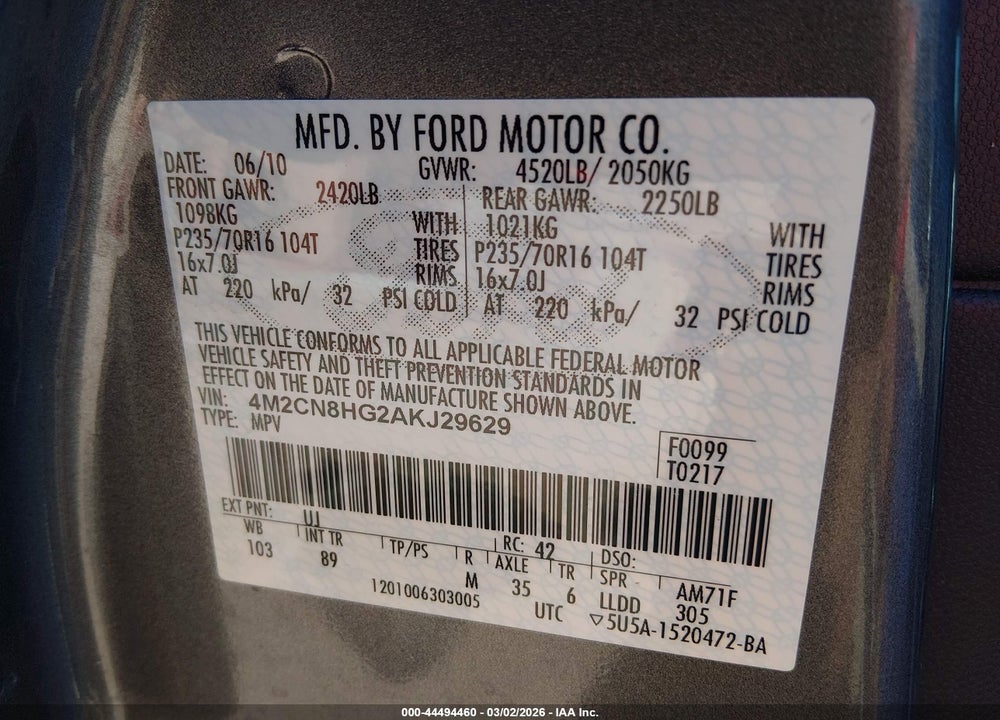 2010 MERCURY MARINER PREMIER VIN: 4M2CN8HG2AKJ29629